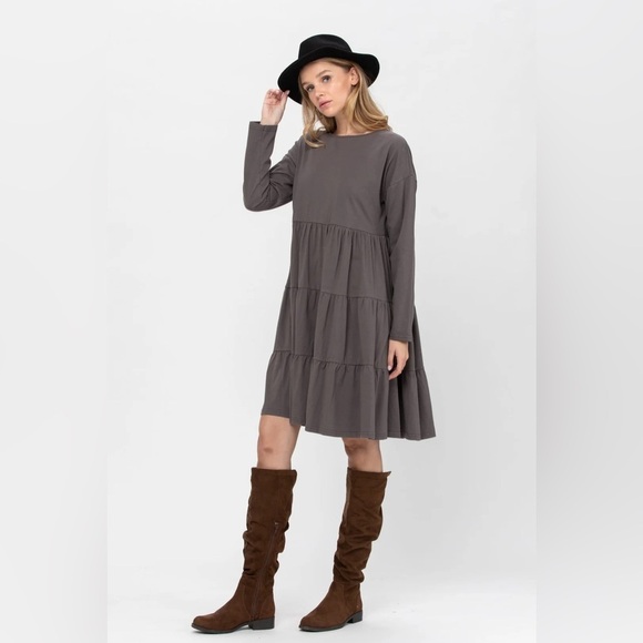 Roly Poly Women’s Gray Long Sleeve 3 Tiered Cotton Mini Dress Size Small - Picture 3 of 8